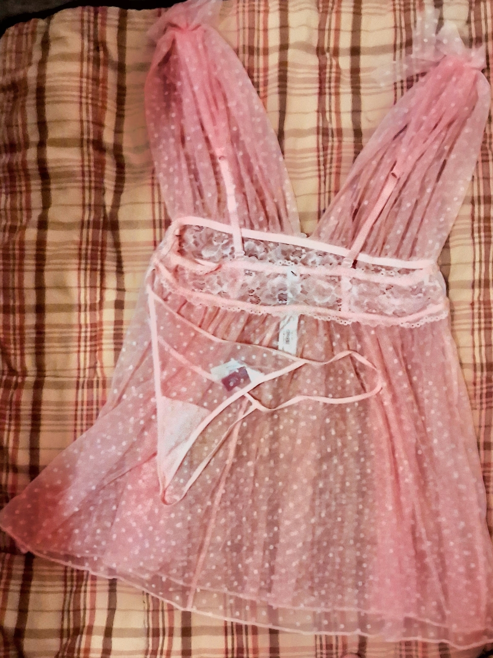 Adore Me Sheer Pink Polka Dot Babydoll Chemise with Lace Trim and Matching Thong